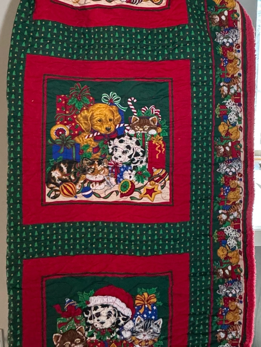 Handmade Christmas Patchwork Quilted Throw Blanket, Red Plush Backing 43x50
